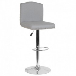 MFO Liam Collection Contemporary Adjustable Height Barstool with Accent Nail Trim in Light Gray Fabric