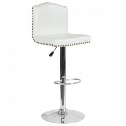 MFO Liam Collection Contemporary Adjustable Height Barstool with Accent Nail Trim in White Leather