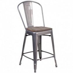 MFO 24" High Clear Coated Counter Height Stool with Back and Wood Seat
