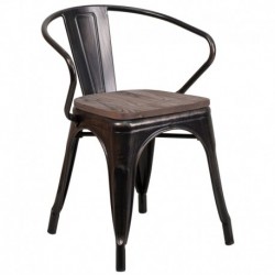 MFO Black-Antique Gold Metal Chair with Wood Seat and Arms