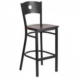 MFO Princeton Collection Black Circle Back Metal Restaurant Barstool - Walnut Wood Seat