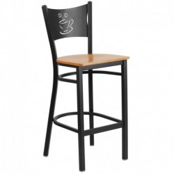 MFO Princeton Collection Black Coffee Back Metal Restaurant Barstool - Natural Wood Seat