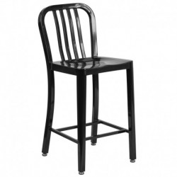 MFO 24'' High Black Metal Indoor-Outdoor Counter Height Stool with Vertical Slat Back