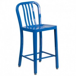 MFO 24'' High Blue Metal Indoor-Outdoor Counter Height Stool with Vertical Slat Back