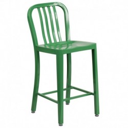 MFO 24'' High Green Metal Indoor-Outdoor Counter Height Stool with Vertical Slat Back
