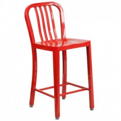 MFO 24'' High Red Metal Indoor-Outdoor Counter Height Stool with Vertical Slat Back