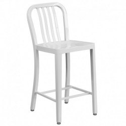 MFO 24'' High White Metal Indoor-Outdoor Counter Height Stool with Vertical Slat Back