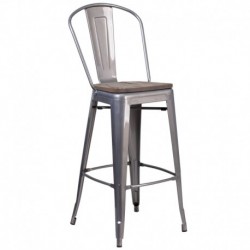 MFO 30" High Clear Coated Barstool with Back and Wood Seat