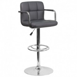 MFO Contemporary Gray Quilted Vinyl Adjustable Height Barstool with Arms and Chrome Base
