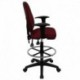 MFO Mid-Back Burgundy Fabric Multi-Functional Drafting Stool with Arms and Adjustable Lumbar Support