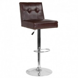MFO Stanford Collection Contemporary Adjustable Height Barstool with Accent Nail Trim in Brown Leather