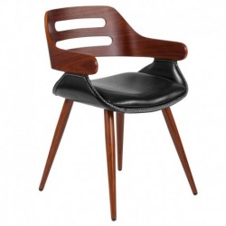 MFO Contemporary Walnut Bentwood Side Reception Chair with Cross Stitched Black Leather Seat