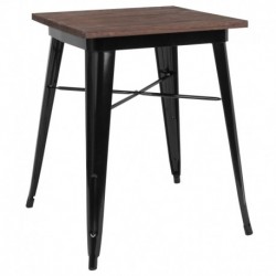 MFO 23.5" Square Black Metal Indoor Table with Walnut Rustic Wood Top