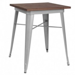 MFO 23.5" Square Silver Metal Indoor Table with Walnut Rustic Wood Top