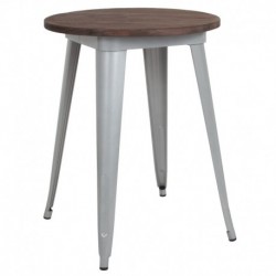 MFO 24" Round Silver Metal Indoor Table with Walnut Rustic Wood Top