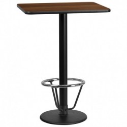 MFO 24'' x 30'' Rectangular Walnut Laminate Table Top + 18'' Round Bar Height Table Base & Foot Ring
