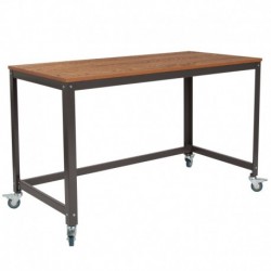 MFO Benjamin Collection Computer Table and Desk in Brown Oak Wood Grain Finish with Metal Wheels