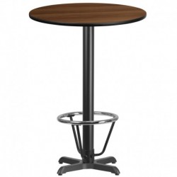 MFO 30'' Round Walnut Laminate Table Top with 22'' x 22'' Bar Height Table Base and Foot Ring