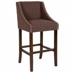 MFO Stanford Collection 30" High Transitional Walnut Barstool with Accent Nail Trim in Brown Fabric