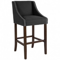 MFO Stanford Collection 30" High Transitional Walnut Barstool with Accent Nail Trim in Charcoal Fabric