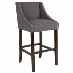 MFO Stanford 30" High Transitional Walnut Barstool with Accent Nail Trim in Dark Gray Fabric