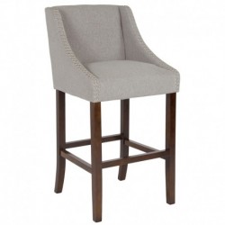 MFO Stanford 30" High Transitional Walnut Barstool with Accent Nail Trim in Light Gray Fabric