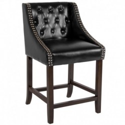 MFO 24" High Transitional Tufted Walnut Counter Height Stool, Accent Nail Trim in Black Leather