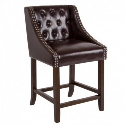MFO 24" High Transitional Tufted Walnut Counter Height Stool, Accent Nail Trim in Brown Leather