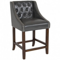 MFO 24" High Transitional Tufted Walnut Counter Height Stool, Accent Nail Trim in Dark Gray Leather