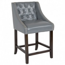MFO 24" High Transitional Tufted Walnut Counter Height Stool, Accent Nail Trim in Light Gray Leather
