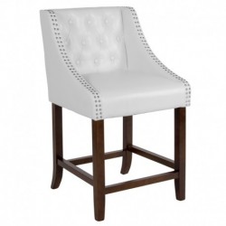 MFO 24" High Transitional Tufted Walnut Counter Height Stool, Accent Nail Trim in White Leather