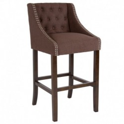 MFO Stanford 30" High Transitional Tufted Walnut Barstool with Accent Nail Trim in Brown Fabric