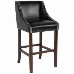 MFO Stanford Collection 30" High Transitional Walnut Barstool with Accent Nail Trim in Black Leather