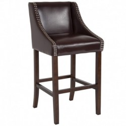 MFO Stanford Collection 30" High Transitional Walnut Barstool with Accent Nail Trim in Brown Leather