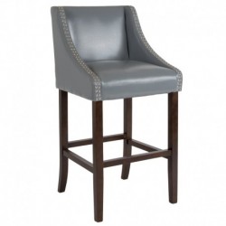 MFO Stanford 30" High Transitional Walnut Barstool with Accent Nail Trim in Light Gray Leather