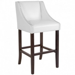 MFO Stanford Collection 30" High Transitional Walnut Barstool with Accent Nail Trim in White Leather