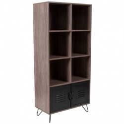 MFO 59.25"H 6 Cube Storage Bookcase, Metal Cabinet Doors & Metal Legs in Rustic Wood Grain Finish