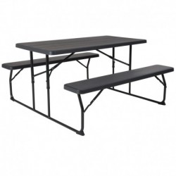 MFO Insta-Fold Charcoal Wood Grain Folding Picnic Table and Benches