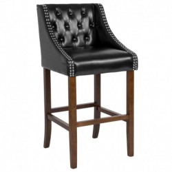 MFO Stanford 30" High Transitional Tufted Walnut Barstool with Accent Nail Trim in Black Leather