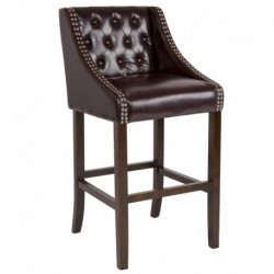 MFO Stanford 30" High Transitional Tufted Walnut Barstool with Accent Nail Trim in Brown Leather