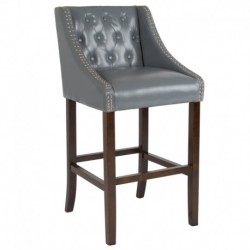 MFO Stanford 30" High Transitional Tufted Walnut Barstool with Accent Nail Trim in Light Gray Leather