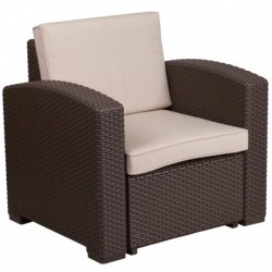 MFO Chocolate Brown Faux Rattan Chair with All-Weather Beige Cushion