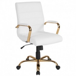MFO Mid-Back White Leather Executive Swivel Office Chair with Gold Frame and Arms