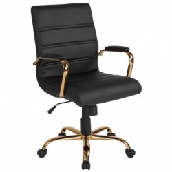 MFO Mid-Back Black Leather Executive Swivel Office Chair with Gold Frame and Arms