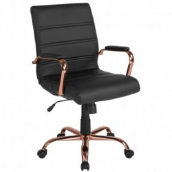 MFO Mid-Back Black Leather Executive Swivel Office Chair with Rose Gold Frame and Arms