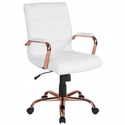 MFO Mid-Back White Leather Executive Swivel Office Chair with Rose Gold Frame and Arms