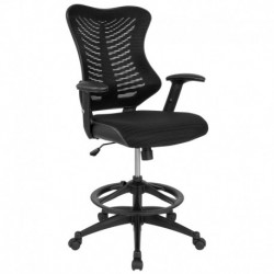 MFO High Back Designer Black Mesh Drafting Chair with Leather Sides and Adjustable Arms