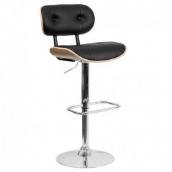MFO Beech Bentwood Adjustable Height Bar Stool with Button Tufted Black Vinyl Upholstery