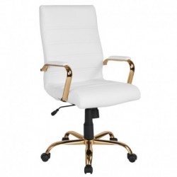 MFO High Back White Leather Executive Swivel Office Chair with Gold Frame and Arms
