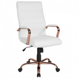 MFO High Back White Leather Executive Swivel Office Chair with Rose Gold Frame and Arms
